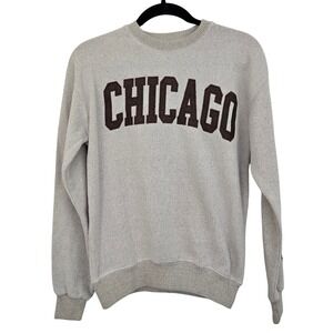 New York Popular Chicago Sweatshirt Mens Small Beige Crewneck Preppy Spellout